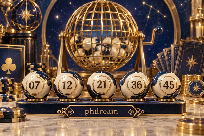 phdream na lottery cage at mga bolang may halimbawang numerong 07, 12, 21, 36 at 45