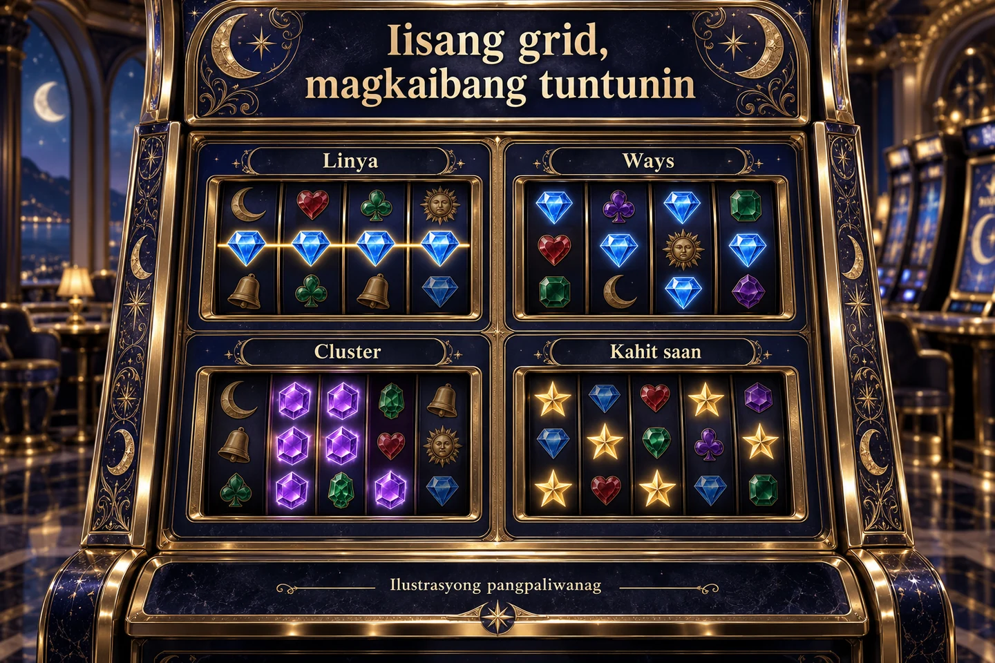Apat na konseptuwal na slot panel: linya, ways, cluster at kahitsaan.