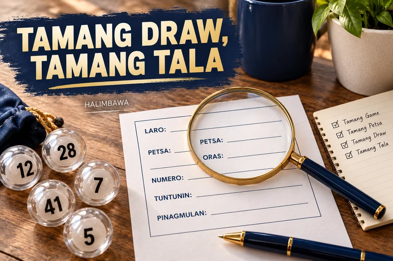 Orihinal na ilustrasyong lottery: Pagkilala sa draw at ticket. Mga halimbawang label, hindi aktuwal na result.