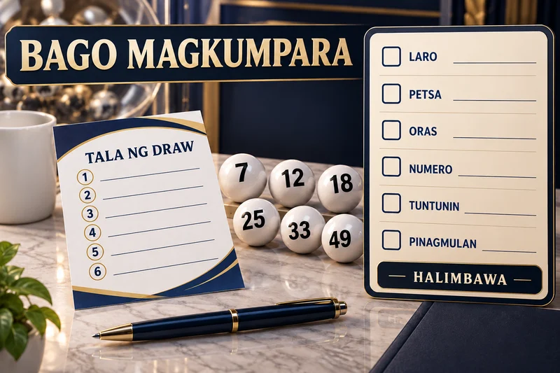 Paliwanag na ilustrasyon: Pagkilala sa draw at ticket. Mga halimbawang label, hindi aktuwal na result.