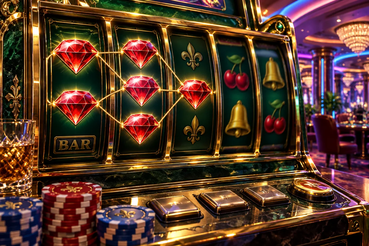 Illustrated five-reel slot with two, three and one matching ruby symbols on its first three reels.