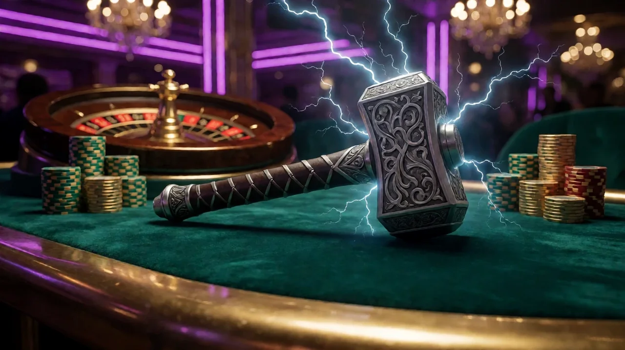 A carved silver Norse war hammer with a leather-wrapped handle lying on an emerald green casino table, surrounded by blue-white lightning, with chip stacks and a roulette wheel blurred in the background