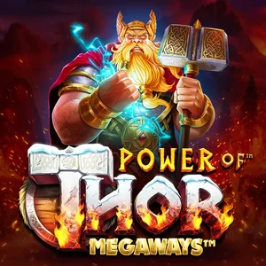 Official Power of Thor Megaways game tile: a bearded Thor in a winged helmet holding a hammer with blue lightning in his fist, above the POWER OF THOR MEGAWAYS logo