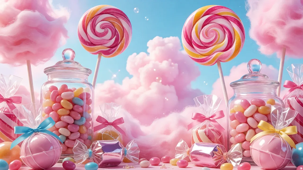 A pastel candy landscape with two giant swirl lollipops, pink cotton-candy clouds, glass jars of jelly beans and ribbon-wrapped sweets