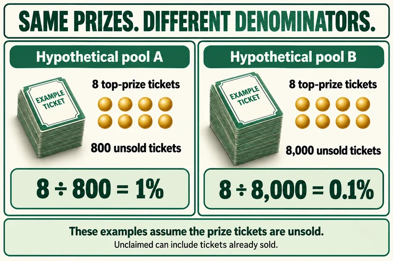 Eight unsold prize tickets divided by 800 gives one percent, while eight divided by 8,000 gives one tenth of one percent.